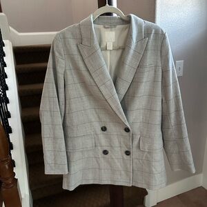 H&M Grey Plaid Print Lined Blazer